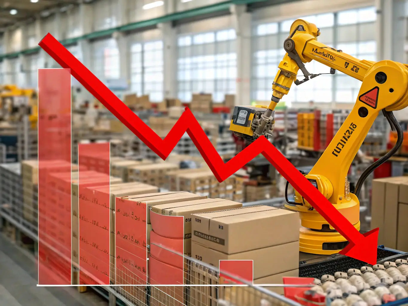 A stylized image representing cost reduction, featuring a graph trending downwards with a robot arm efficiently managing resources.
