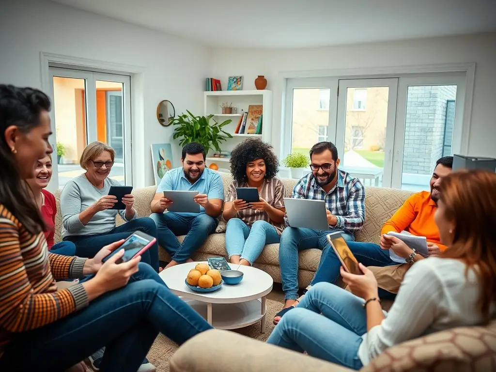 A diverse group of people from around the world watching a video on various devices, showcasing the global reach of AI-driven video marketing.